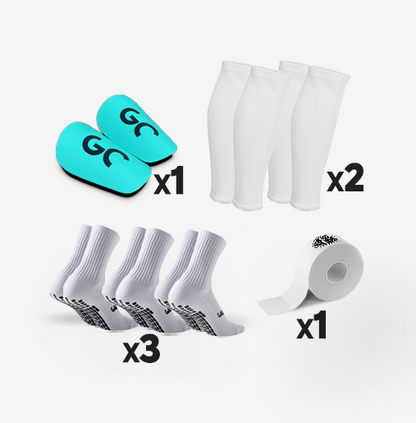 Pack Game Changer 3 paires de chaussettes antidérapantes + mini protège-tibias + 2 chaussettes coupées football + 1 Tape/Strap | Game Changer